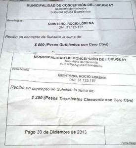 Recibo que percibi Lorena de 500 pesos en concepto de "Subsidio de Ayuda Econmica". Lo emiti la Secretaria de Hacienda de la Municipalidad