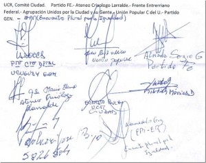 Las firmas al pie del acuerdo opositor.