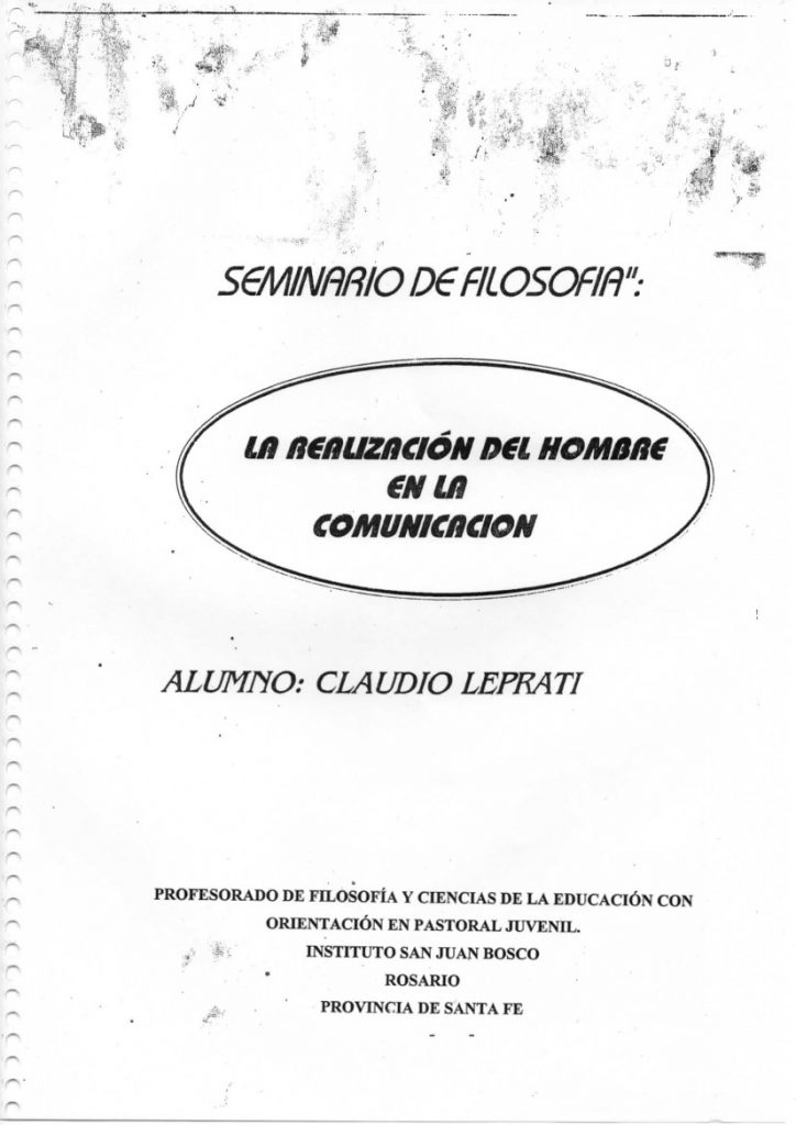 La portada del ensayo de Lepratti en su seminario de Filosofía.